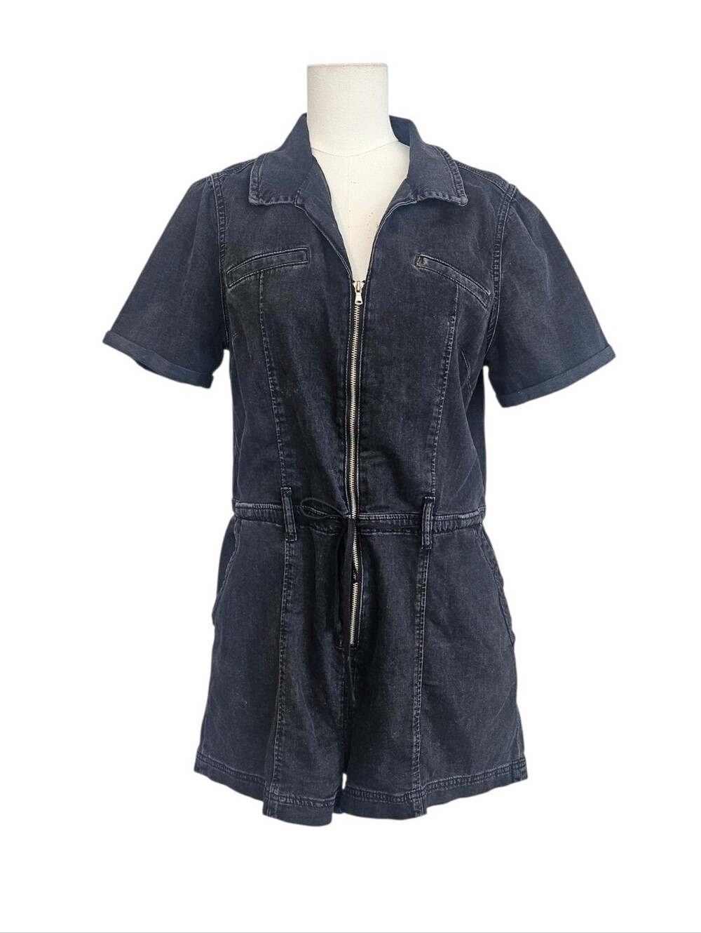 PAIGE Black Short-Sleeve Denim One-Piece Romper Size 10